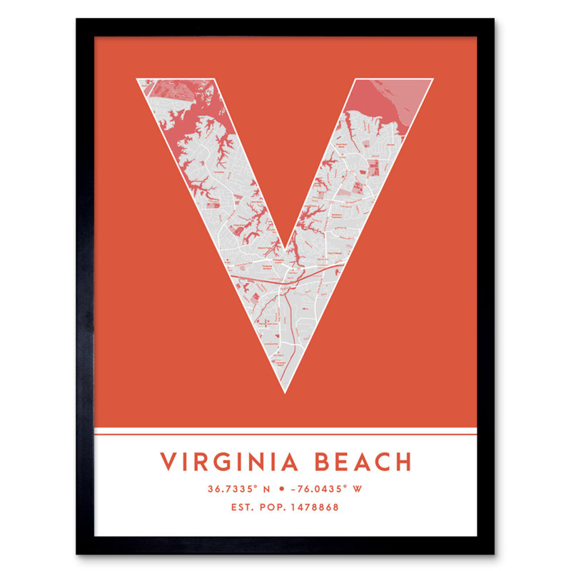 Virginia Beach City Map Virginia Beach Orange 1 Piece Single Picture Frame Wall Art