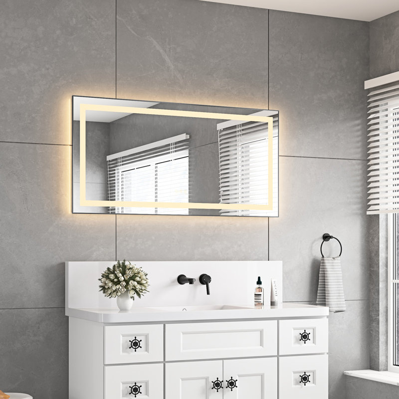 Miroir de salle de bain 48 "x 24" avec cadre en aluminium, 3 températures de couleur, brouillard, gradation continue, bois de frêne, mémoire de forme pour la salle de bain, bois de frêne