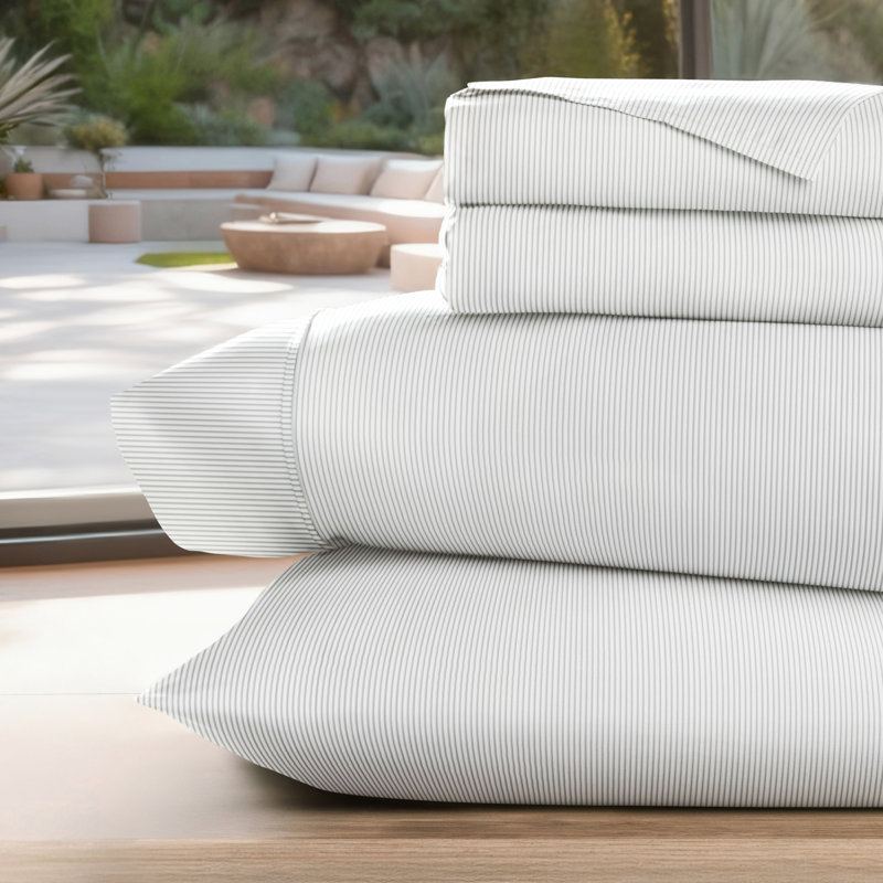 Ensemble de draps ultra doux, Ensemble de draps pour grand lit, Gris / rayures fines