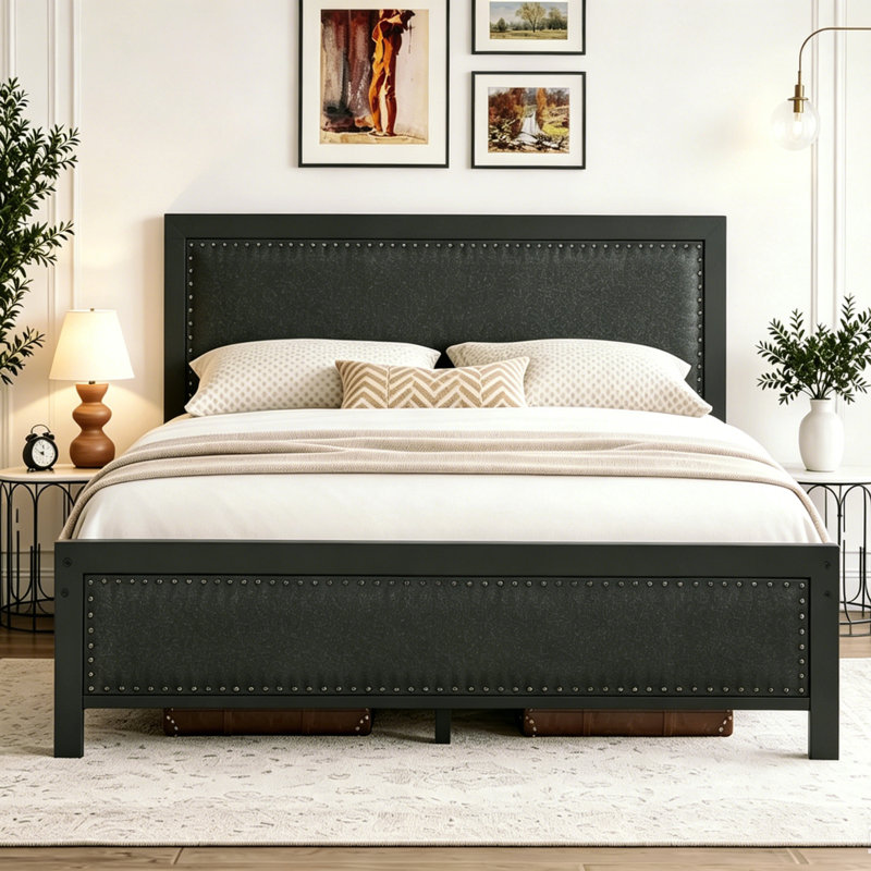 Genard Bed Frame Linen Upholstered Headboard with Nailhead Trim Heavy-Duty Queen Size Platform with Strong Metal Slats, No Box Spring Needed, Under Bed Storage