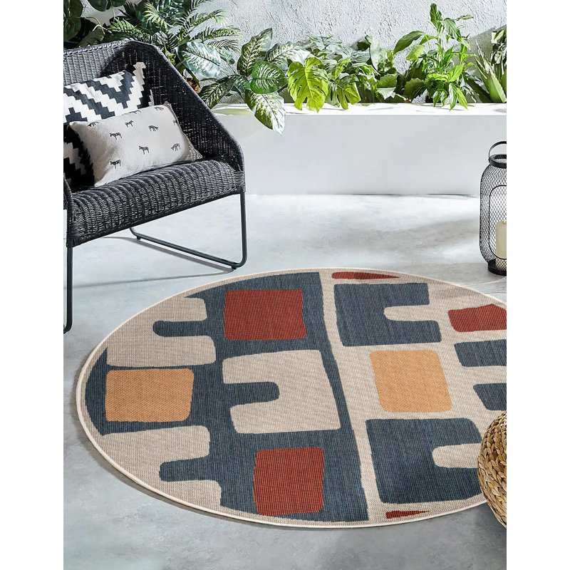 Tapis intérieur / extérieur en polypropylène tissé à la machine Dreson de couleur turquoise / beige / orange, Rond 7 pi 10 po