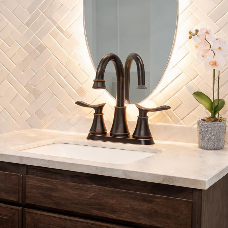 Meuble-lavabo en bronze huilé 36,5 x 25,5 x 6,5 po avec bec pivotant, bonde escamotable et deux poignées