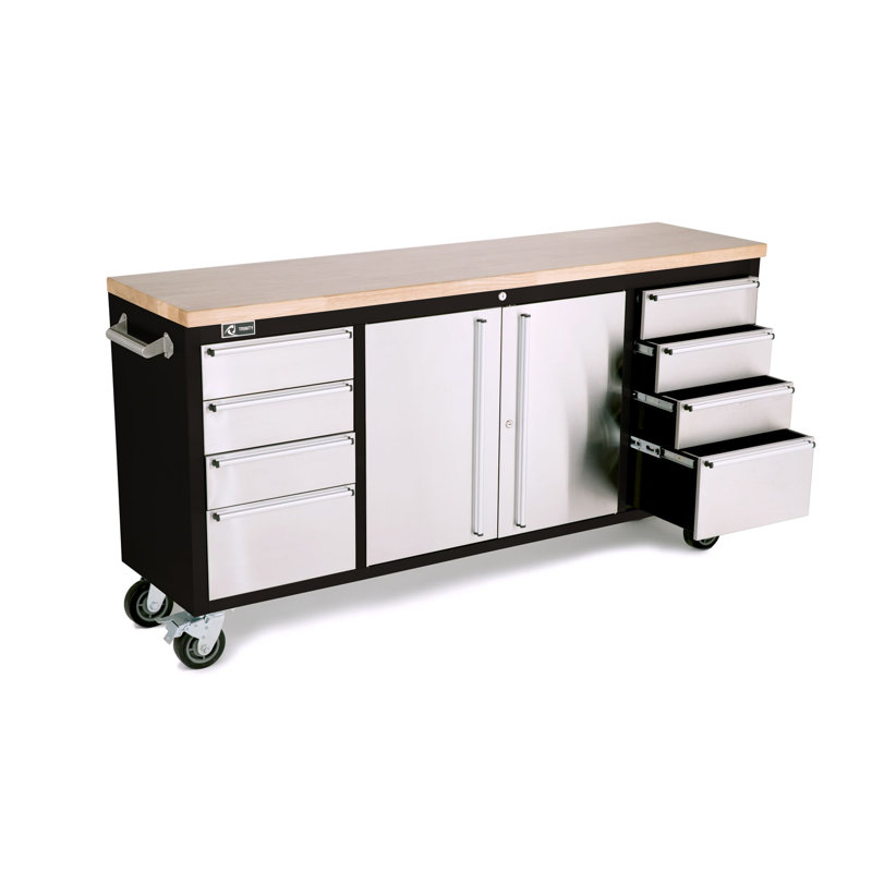 TRINITY 72 in. W 8-Drawer Black Rolling Mobile Workbench w/ Stainless Steel Face