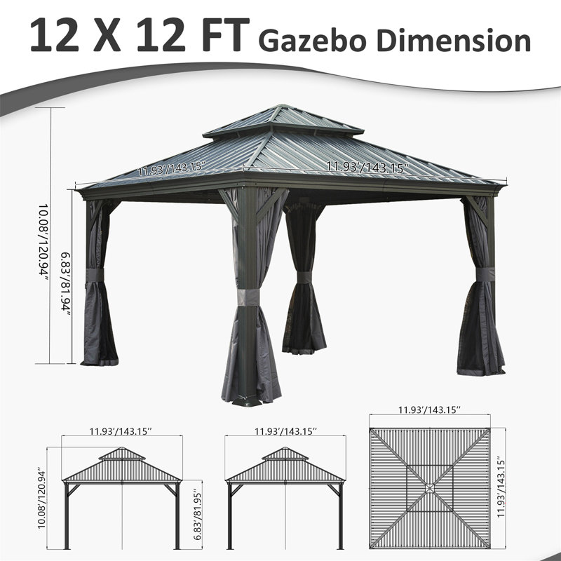 12' X 12' Hardtop Gazebo, Upgraded Metal Gazebo With Drainage System, Dual-Layer Galvanized Steel Roof, Curtain And Netting, Outdoor Shelter Canopy For Patio, Garden, And Backyard, Grey