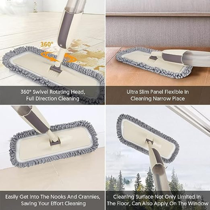Microfibre Mop Floor Mop With Spray For Floor Cleaning, Symple Stuff Mop For Laminate Wood Tiles Wet Dust Mop With 1 Refillable Bottle 410ml & 3 Reusable Pads 1 Scrubber