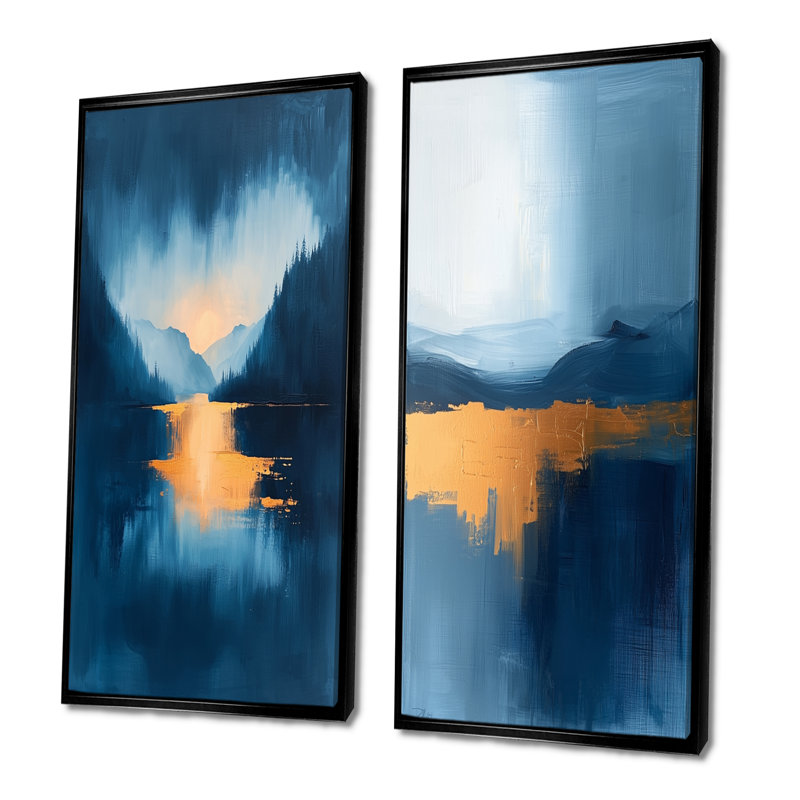 «Blue Ethereal Dream Abstract Mountains I», ensemble d'art mural paysage abstrait 2 pièces, Cadre flottant noir