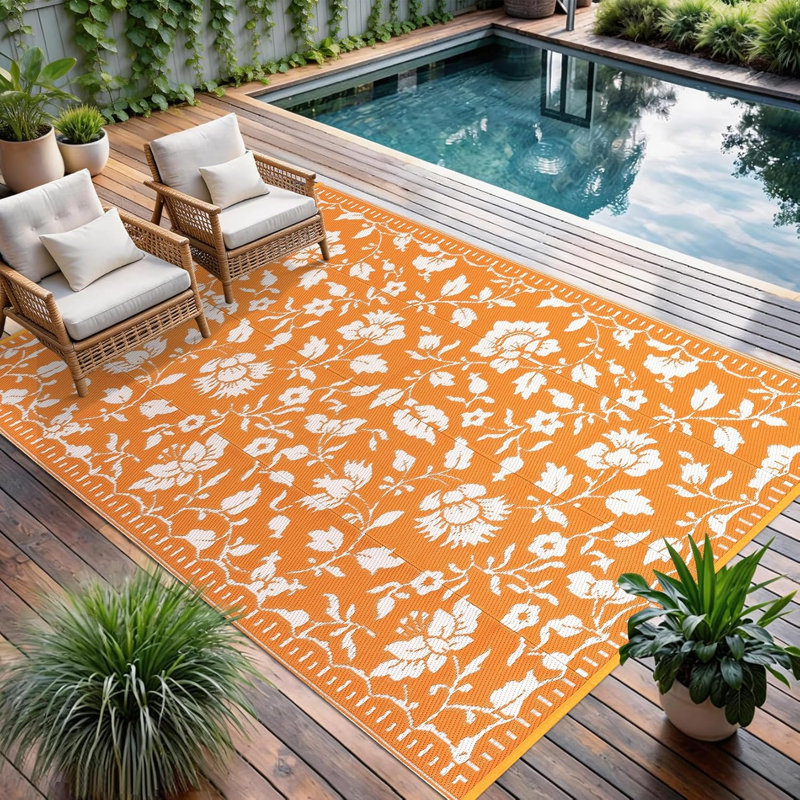 9x12 FT Orange Vintage Floral Bordered Outdoor Rug, Waterproof Reversible UV Resistant Plastic Straw Patio Mat, Lightweight Easy Clean Foldable Carpet for Camping Camper Beach Balcony Porch Backyard