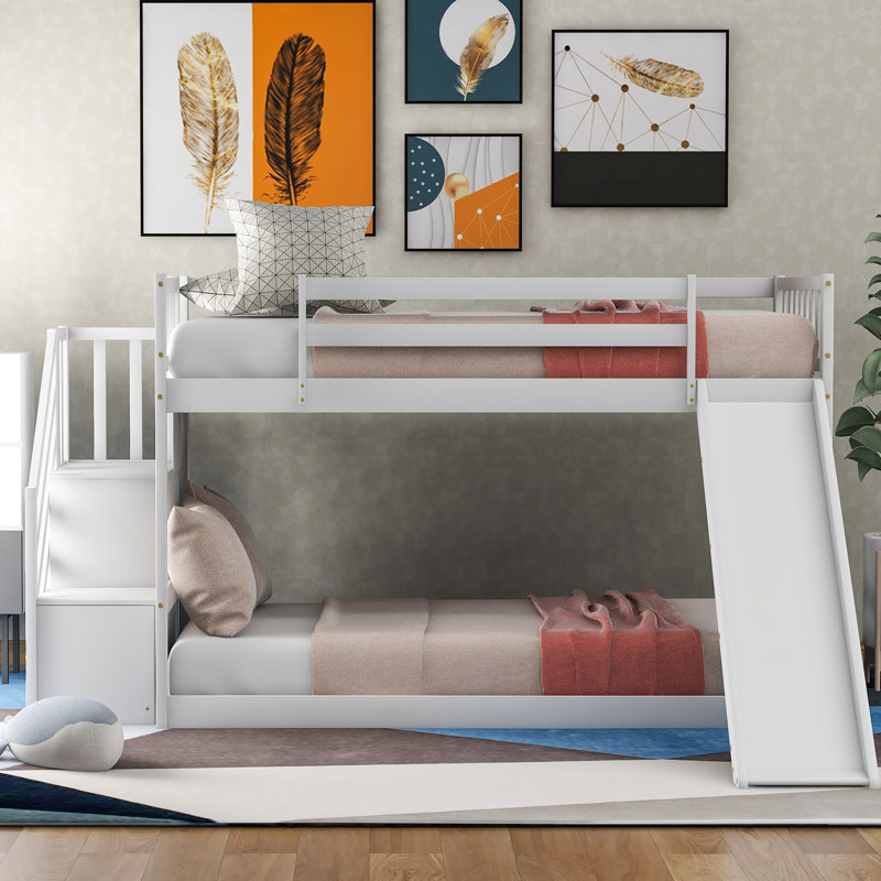 Twin Over Bunk Bed With Slide In Gray - Long-Lasting Pine And Structure, Space For ' Bedroom Stairway Space Saving Option