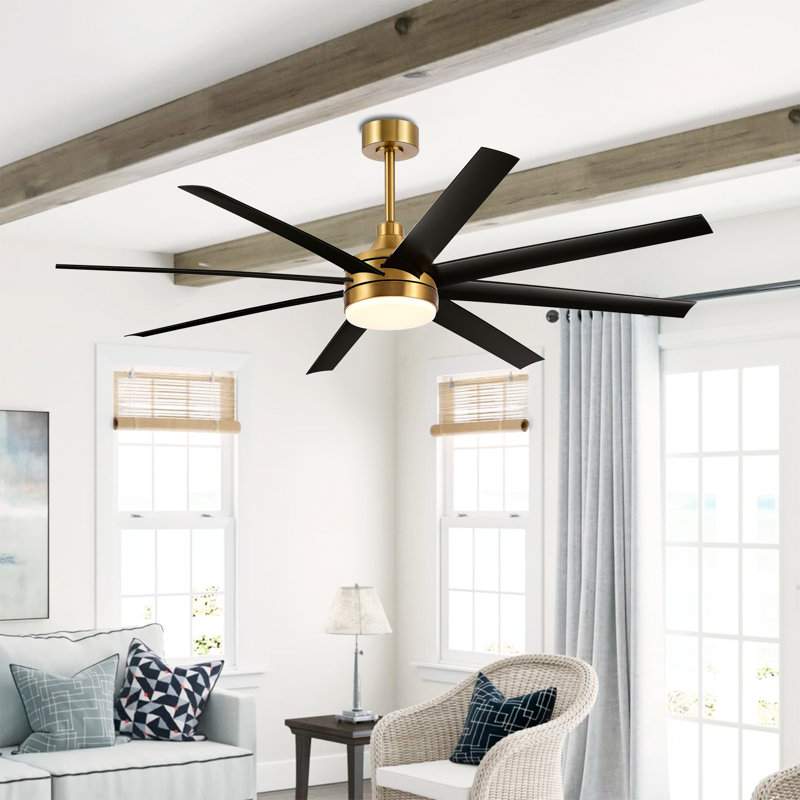 Ventilateur de plafond standard à 8 pales avec télécommande et ensemble d'éclairage Jamii-Leigh inclus, 65", Noir, Or