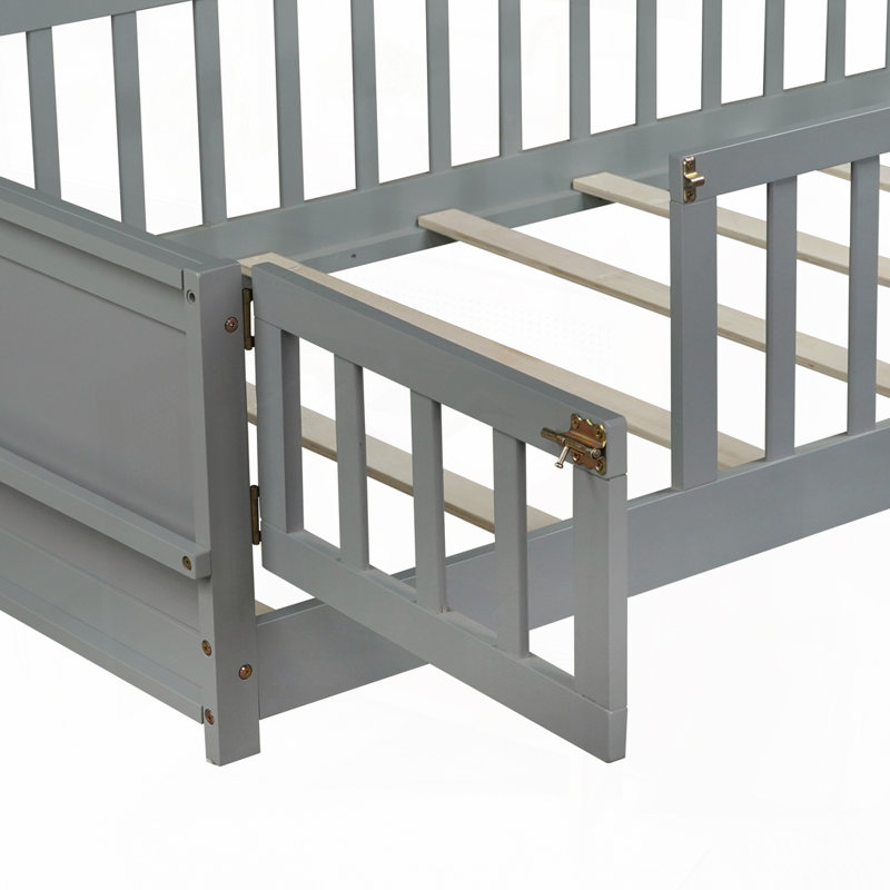 Floor Platform Bed with Built-in Book Rack, Gray
