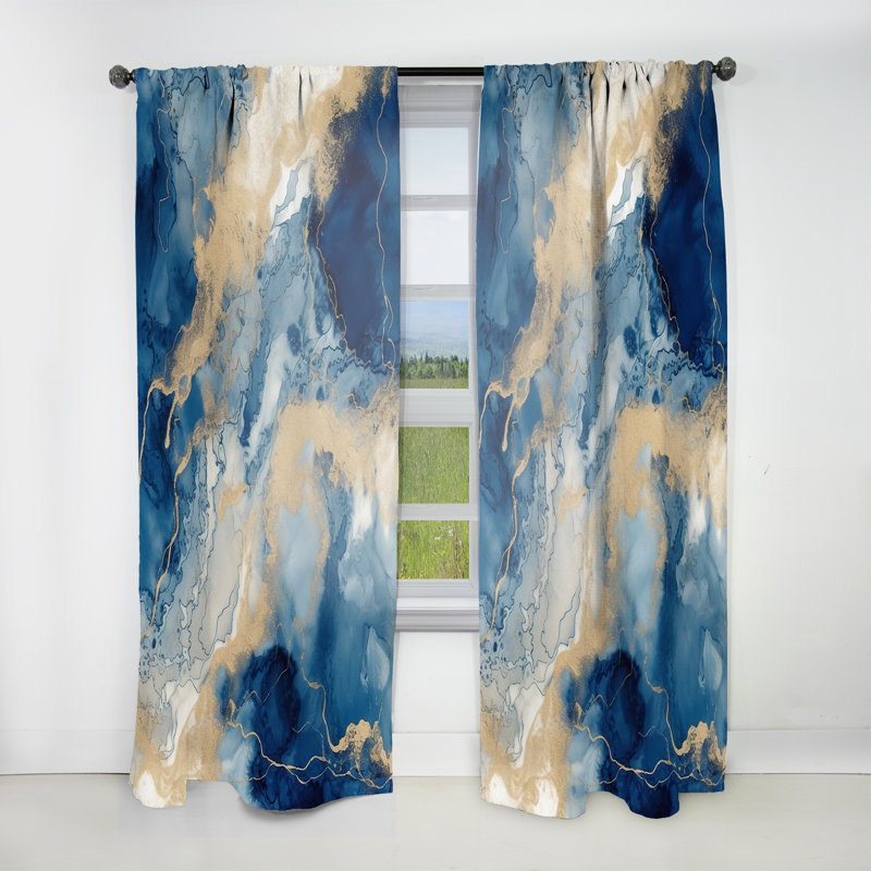 Rideau en velours moderne abstrait bleu et blanc liquide Art III - obscurcissant - 1 panneau, L 52 po x L 120 po