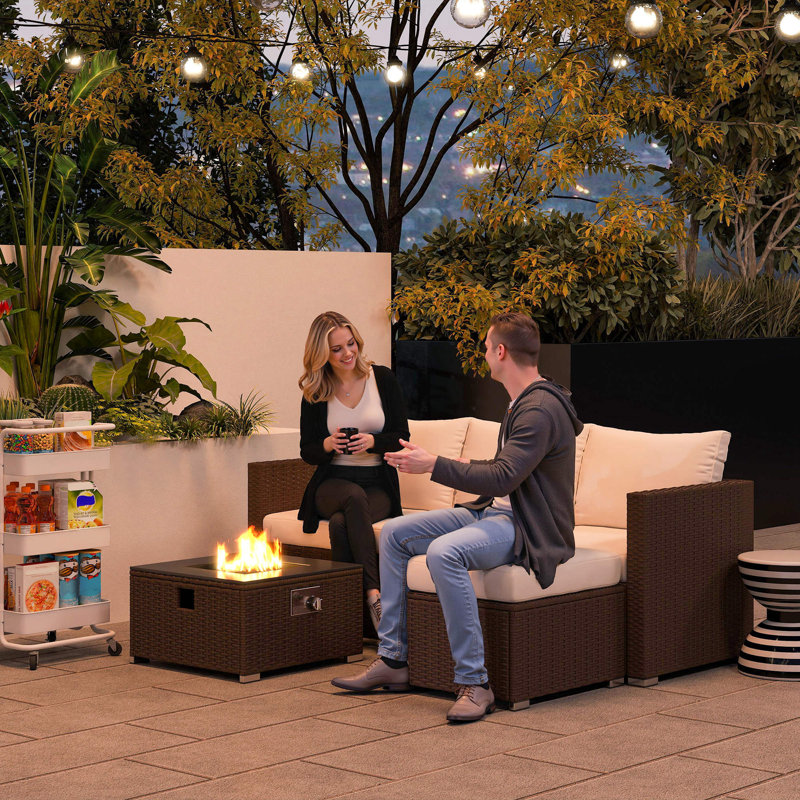 Outsunny 5 Piece Rattan Garden Furniture Set with Gas Fire Pit Black/Cream