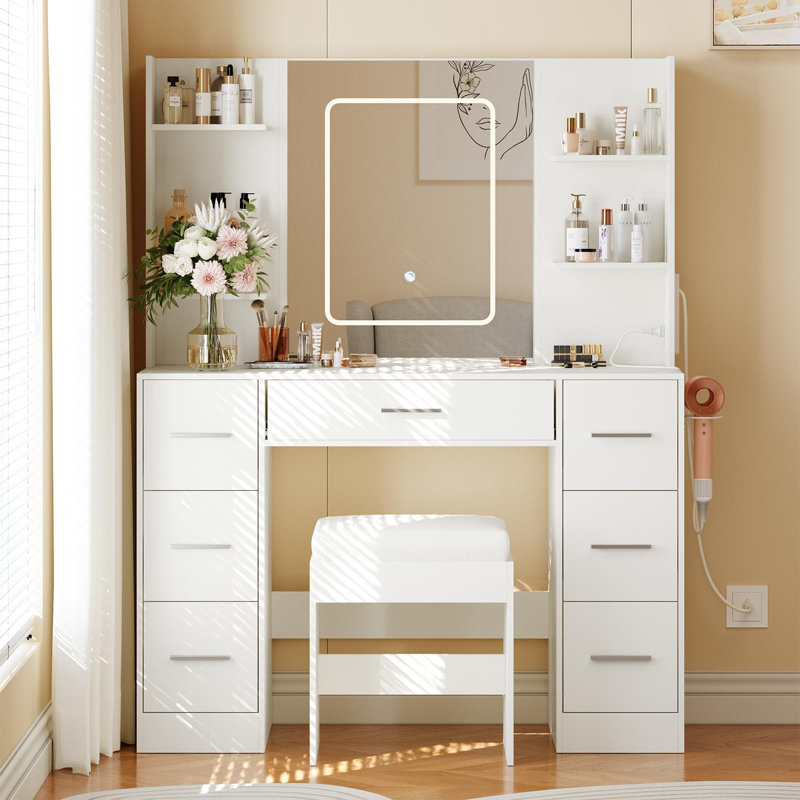 Makeup Vanity Desk with Mirror and Lights,7 Drawers, Hair Dryer Holder, Cushioned Stool, Power Outlets and USB for Bedroom,White