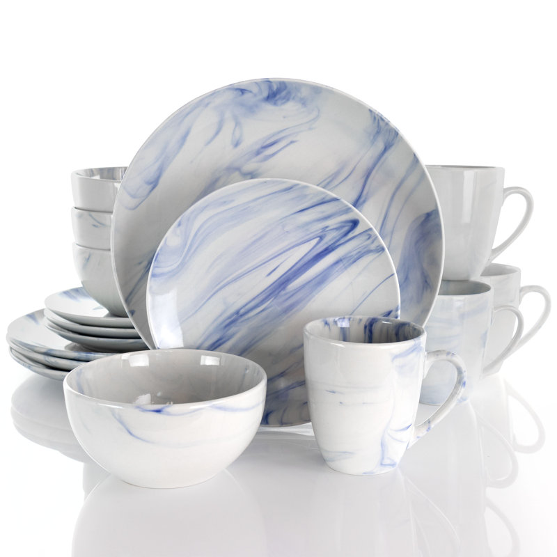 16-Piece Blue and White Marble Ceramic Dinnerware Set