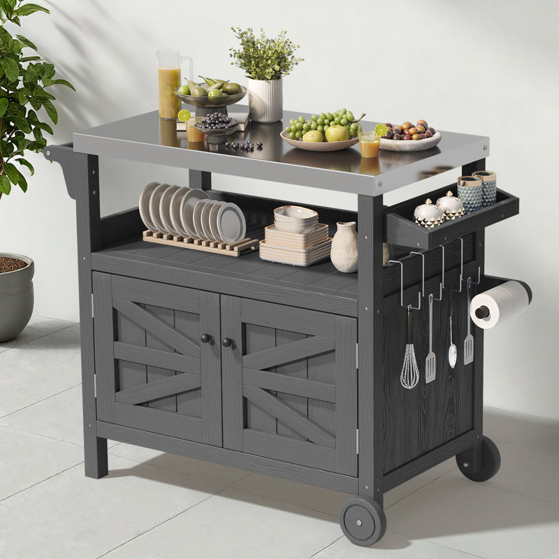 HDPE Bar Cart Portable Outdoor Table Made of Durable Wood-look Resin And Stainless, Gray