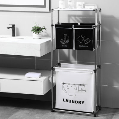 Panier à linge noir et blanc, 3 niveaux, 4 sacs amovibles, imperméable, panier de niveau construction avec construction en fer stable détachable, maison ordonnée