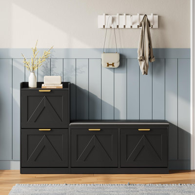 Shoe Cabinet with Bench, 4 Flip Drawers, Adjustable Left/Right Cushioned Seat & Removable Shelves