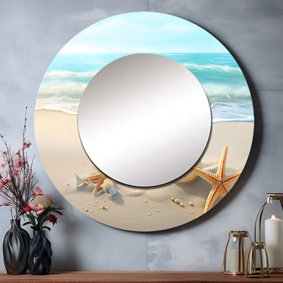 Phibbs étoile de mer et coquillages I - miroir décoratif de plage, grand miroir mural rond moderne, impression d'art en métal