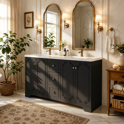 Meuble-lavabo de style français de 60 pouces avec lavabo intégré en résine, armoire sculptée, 4 portes à fermeture en douceur et 3 tiroirs.