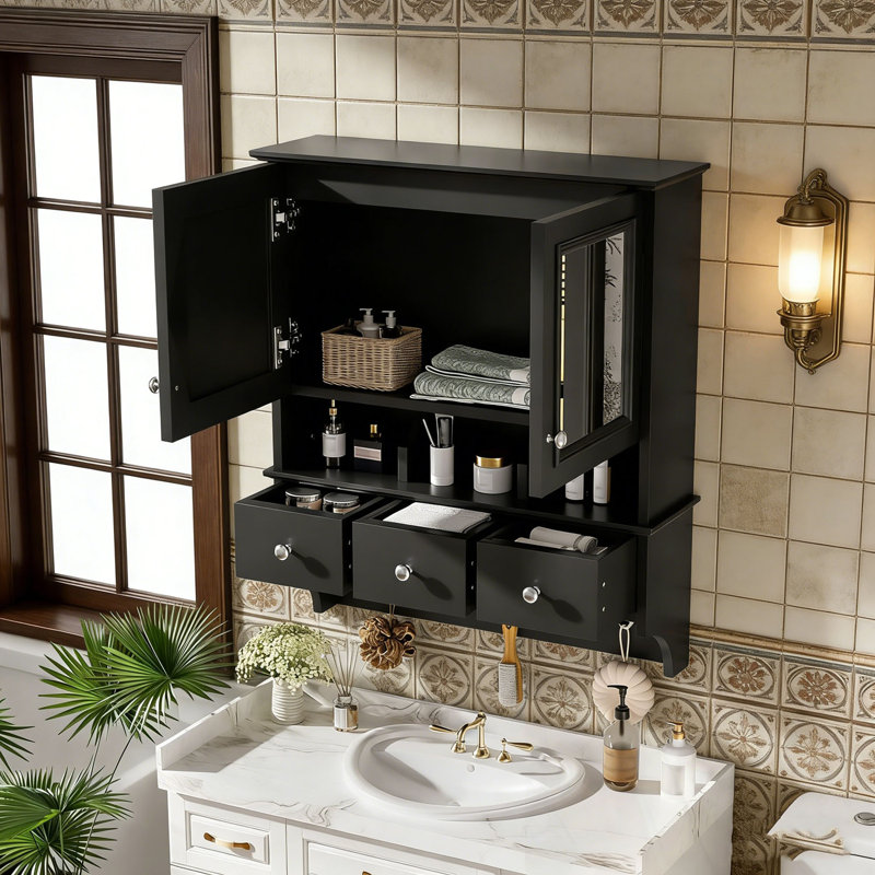 Armoire de rangement murale à miroir avec tablette ouverte et 3 tiroirs, Noir