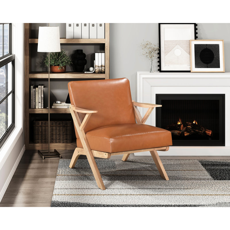 Chaise d'appoint avec structure en bois d'hévéa massif naturel et dossier en similicuir brun Chaise de salon: Hévéa, doublure
