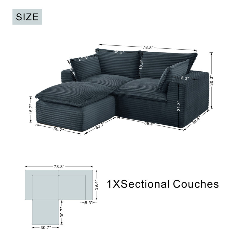 Canapé modulaire en L 78,8 po avec repose-pieds modulaire en velours côtelé sans assemblage pour animaux de compagnie, Gris