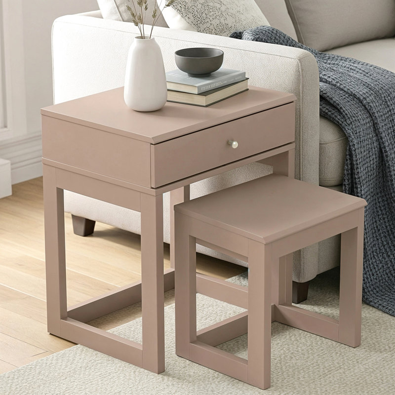 Limestone Bedside Table with Drawer, Warm Nude