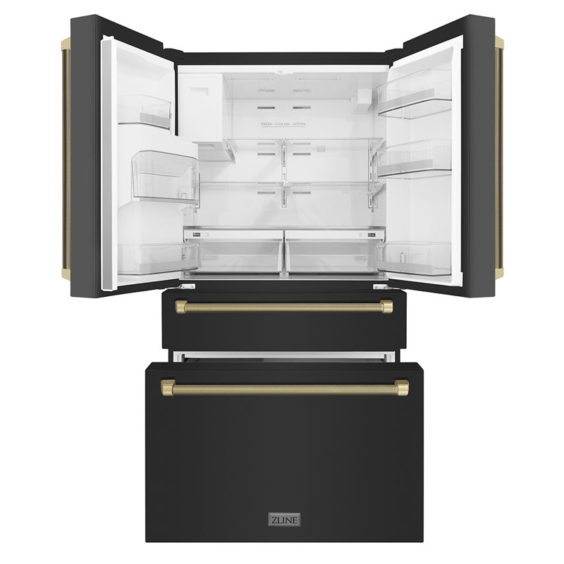 ZLINE Autograph 36 in. Counter-Depth Fridge w/ Water Dispenser in Black Steel & Gold Helix Handles, Champagne Bronze