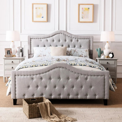 Gray Upholstered Queen Platform Bed, Arched Headboard And With Fascinating Nailhead Decor, Button , No Box Spring Required, Easy To Install Stylish Trim, Not Assemble