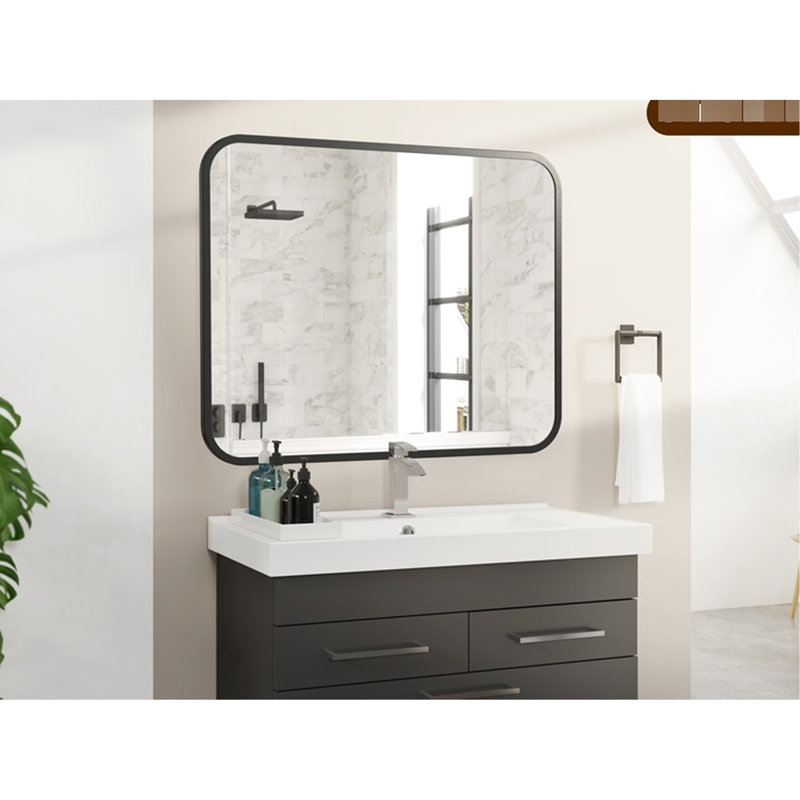 Miroir de salle de bain noir 40 po x 32 po - Meuble-lavabo rectangulaire pour lavabo et chambre à coucher avec coin rond incassable, antirouille, réfléchissant, facile à installer en corrosion