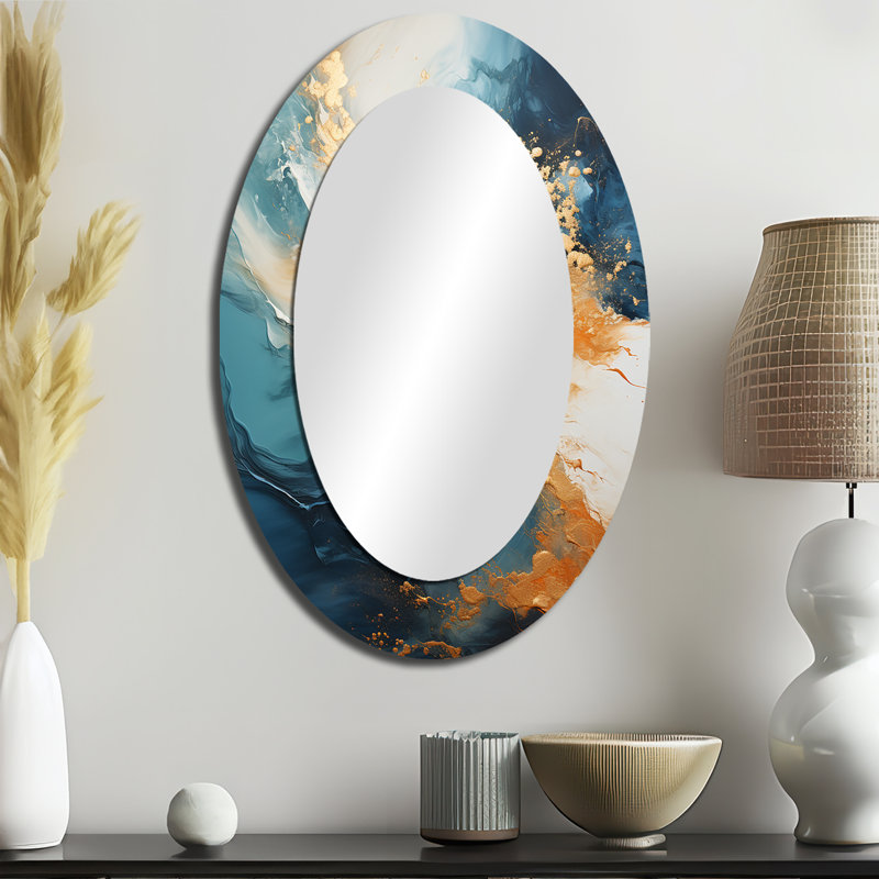 Modern Coastal Blue And Gold River - Teal Coastal Oval Wall Mirror, 36" x 24"