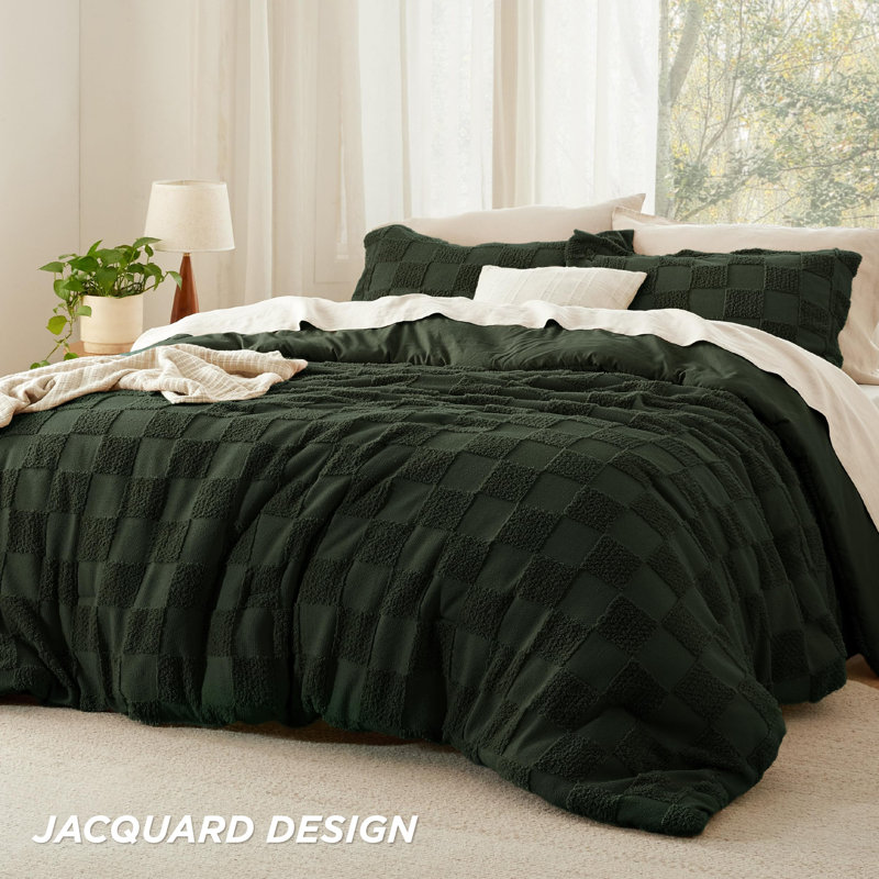 Bedsure Boho Tufted Checkered Farmhouse Comforter Set, 230GSM, Full Comforter + 2 Standard Shams, Bronze Green