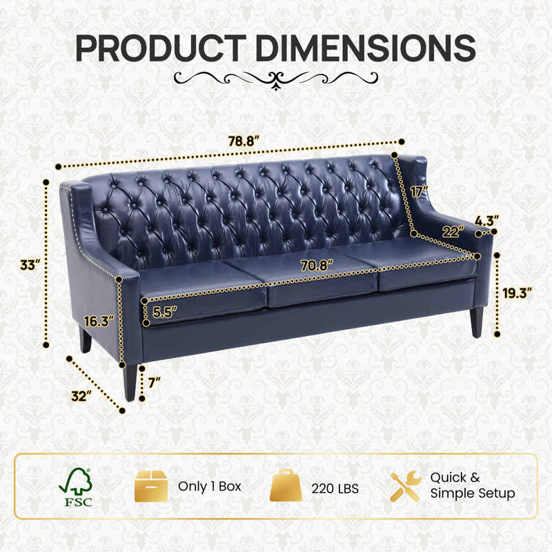 78.75" Tufted Faux Leather 3-Seater Sofa, Blue