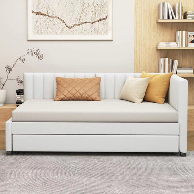 Twin Trundle Upholstered Daybed With Linen Fabric & No-Spring Frame by Latitude Run