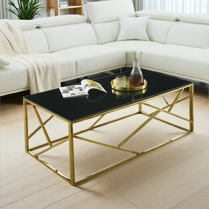 Table basse rectangulaire moderne avec plateau en verre trempé noir et structure en acier inoxydable pour la chambre à coucher du salon