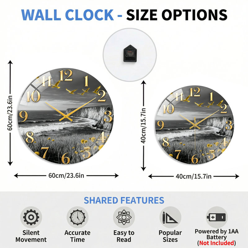 Horloge murale décorative en verre Ocean Landscape, 40 x 40 cm (15,7 x 15,7 pouces)