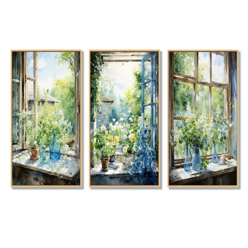 Ensemble de 3 fenêtres vertes et bleues, Cadre flottant brun, H 32 po x l 48 po