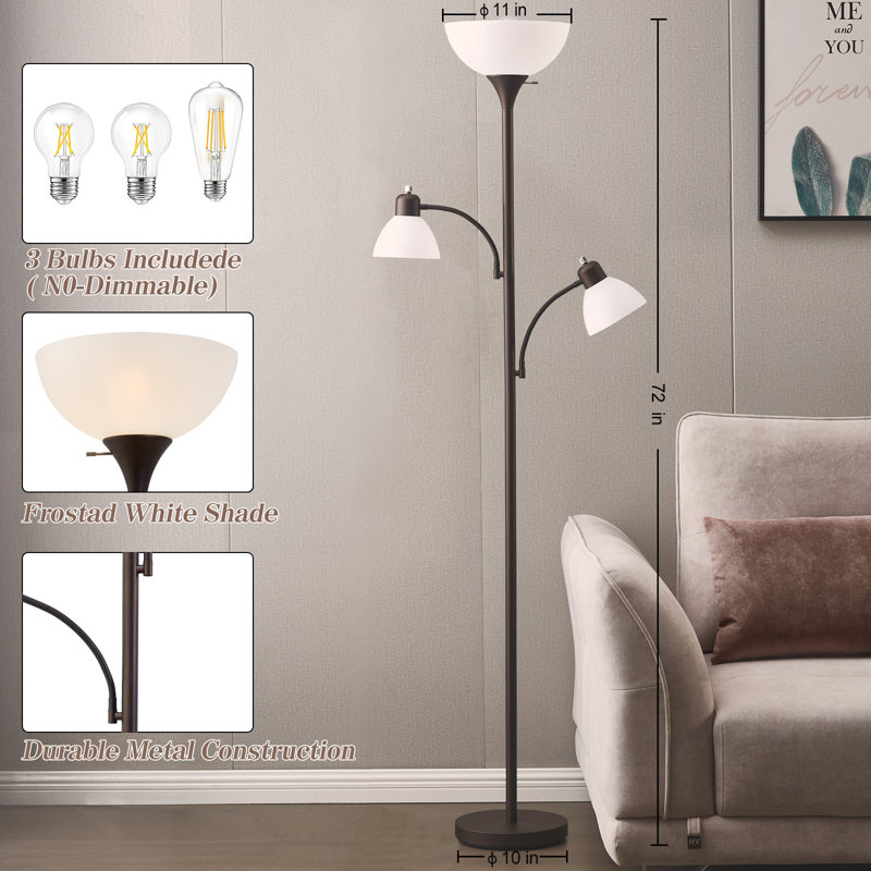 72" Tall Tree Floor Lamp Torchiere Lamp with 2 Reading Lamps, Industrial Bright Floor Lamp for Bedroom 3 LED Bulbs Included
