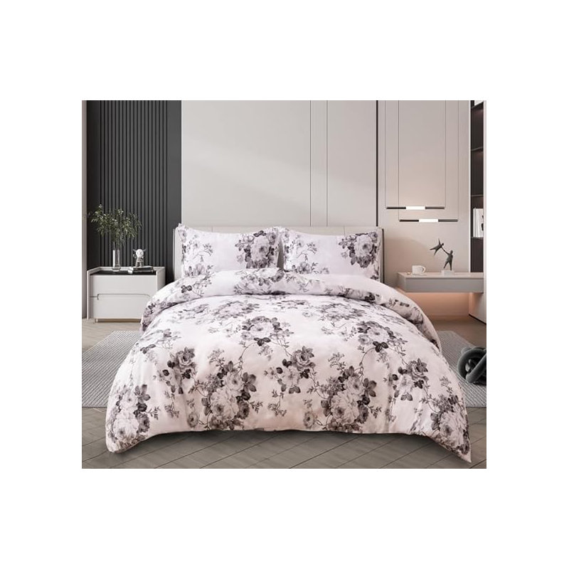 Alejadro Microfiber, Polyester Floral Duvet Cover Set with Pillowcases, Vintage Grey