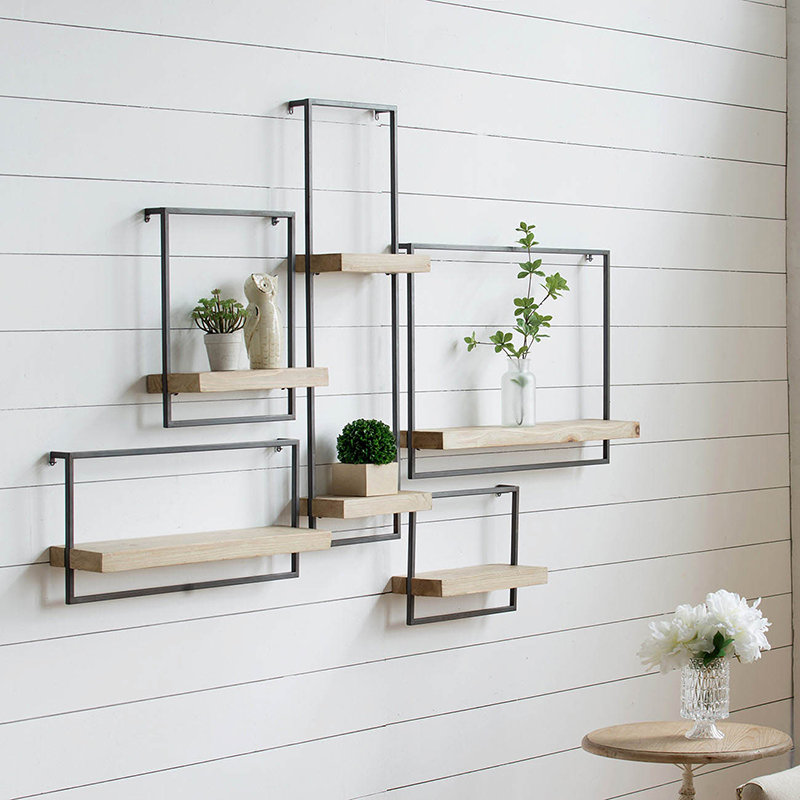 Homiyad Contemporary Iron and Wood Bracket Wall Shelf 15.5"