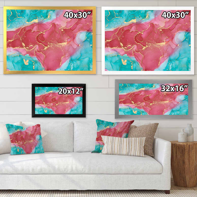 Reproduction d'art sur toile, rose et turquoise, H 30 po x l 40 po x P 1,5 po, Cadre photo argenté