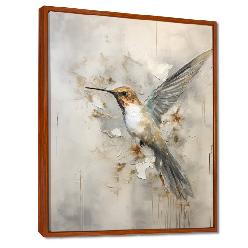 Colibri floral flottant II - Art mural colibri, H 32 po x l 16 po x P 1 po, Brown Floater Framed