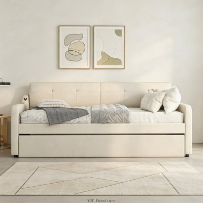 Lit de jour simple rembourré avec couchette et station de charge USB - Beige
