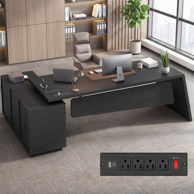 78" W L-Shaped Executive Desk with Charging Station, File Cabinet Large Office Desk with Storage Drawers, Corner Computer Desk, Modern Workstation Business Furniture for Home Office, Black