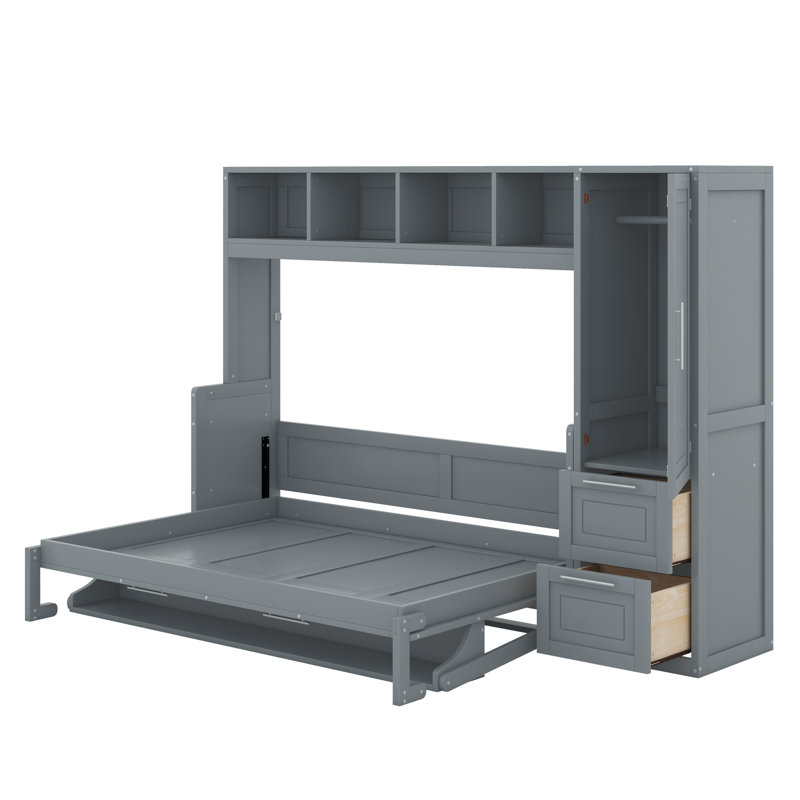 Lit escamotable double avec tiroirs et garde-robe, Gris