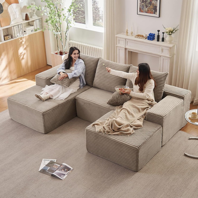 Canapé en L 107 po avec repose-pieds, canapé modulaire moderne en U confortable en forme de U, siège profond, méridienne rembourrée en velours côtelé pour salon, sans assemblage requis, noir