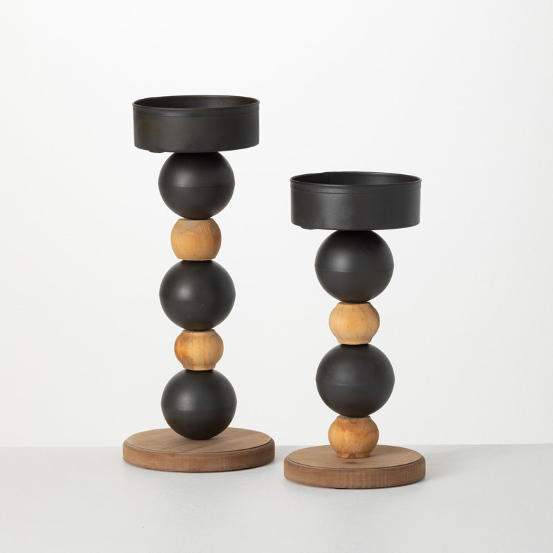 Black and Brown Wood and Metal Sphere Pillar Candle Holders, Set of 2