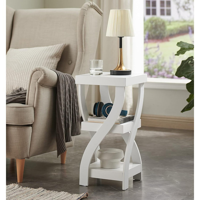 Table de bout carrée en bois blanc - table de chevet et de salon à 3 tablettes