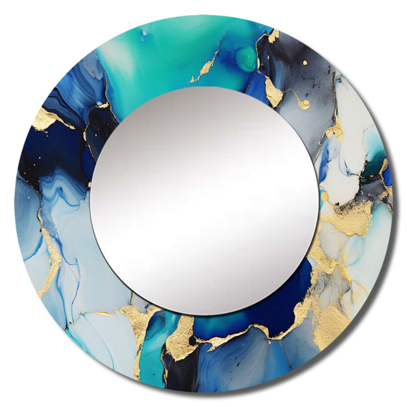 Cassadi bleu et or, art abstrait fluide de luxe X - miroir de fractales, miroir mural rond unique moderne, impression d'art