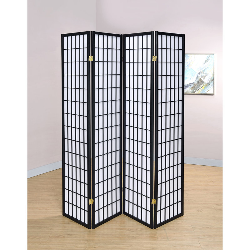 Paravent pliant 4 panneaux, noir, bois d'hévéa et papier blanc, 175 cm de hauteur, 177 cm de large, pour une finition élégante et douce, solution pratique pour la chambre